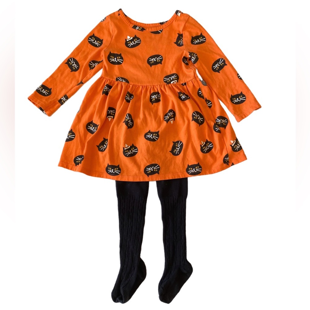Halloween Orange Cat Pattern Dress with Black Tights Size 2T